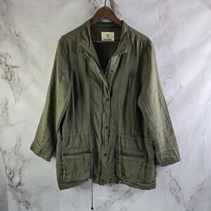Linen Utility Jacket Women Medium Army Green Nuetral Zip Safari Military Fatigue
